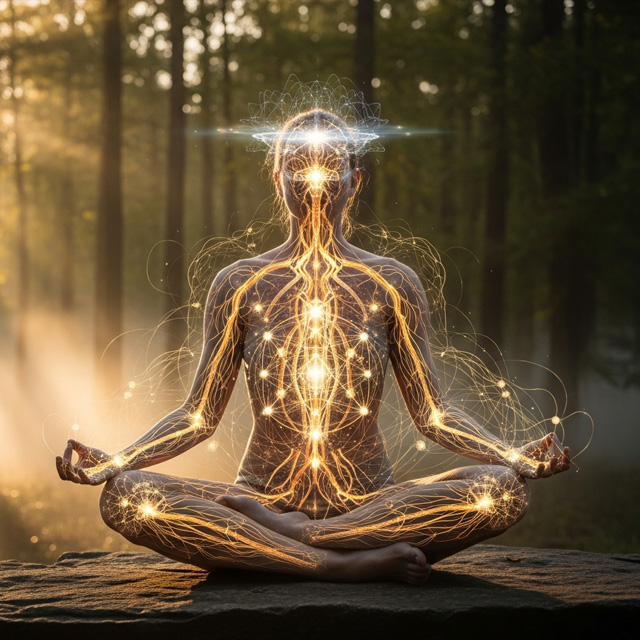 Quantum meditation sacred space preparation with chakra energy centers and cosmic consciousness